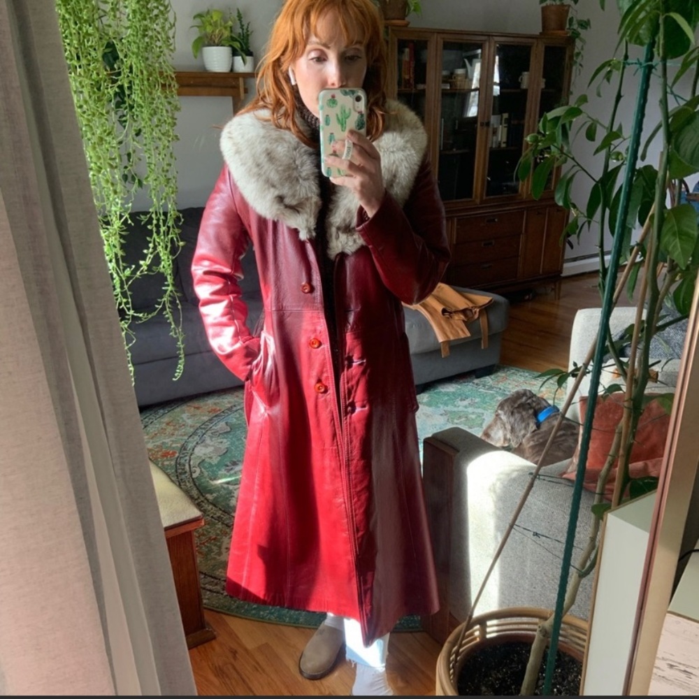 Vintage 70s leather trench with real fur details
